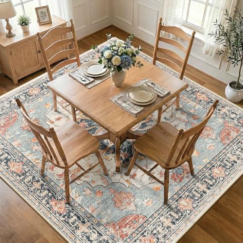 Washable Area Rug (Beige/Blue/Orange / 8' x 8' (Square))