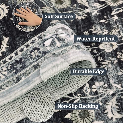 2x10 Washable Hallway Runner Rug Non Slip Floral Carpet (Navy/Black / 2' x 10')