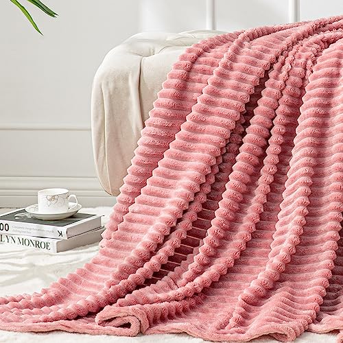 3D Ribbed Jacquard Pink King Size Blankets for Bed (Dusty Pink / King(108"x90"))