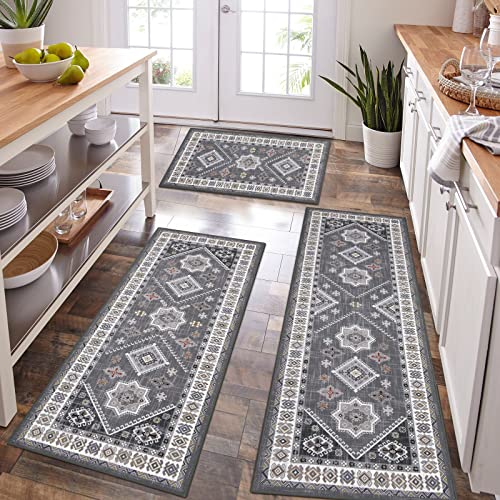 HEBE Boho Kitchen Rugs Set of 3 (Natural/Grey / 20"x32"+20"x48"+20"x59")