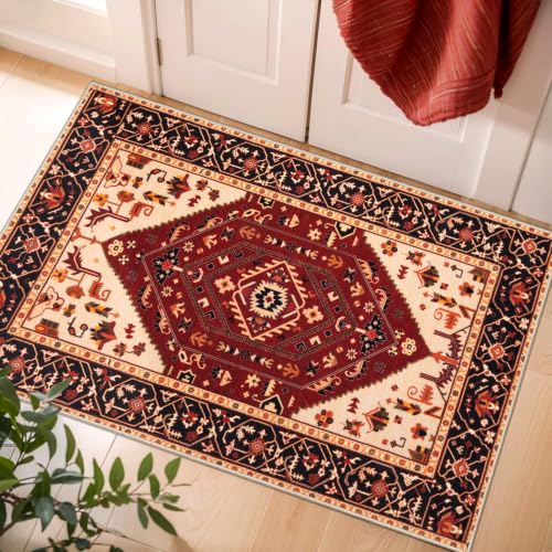2x3 Washable Non Slip Boho Small Area Rug for Entryway (Red Black/Multi / 2' x 3' (Rectangular))