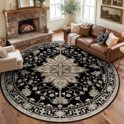 Washable Area Rug (Black/Neutral / 8' (Round))