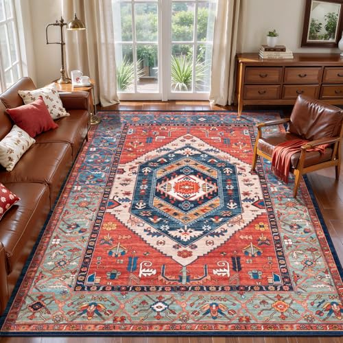 4x6 Washable Non Slip Boho Area Rug for Bedroom (Rust/Multi / 4' x 6' (Rectangular))