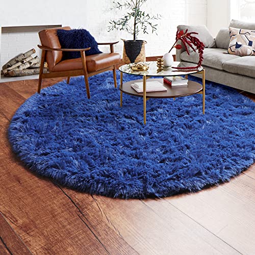 Navy Blue Fluffy Round Rug Circle Area Rugs 4ft for Boys Kids Teen Bedroom (Navy Blue / 4' (Round))