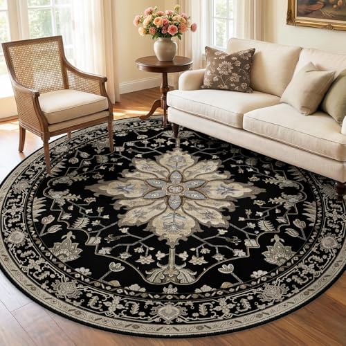 Washable Area Rug (Black/Neutral / 6' (Round))