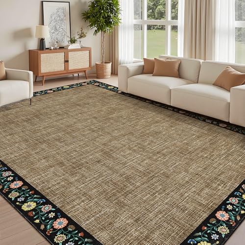 Washable Living Room Rug 9x12 Floral Bordered Area Rugs Soft Thin Indoor Carpet for Bedroom Modern Throw Aesthetic Mat Non Slip Stain Resistant Carpet for Dining Room Office (Black/Brown Flax / 9' x 12' (Rectangular))