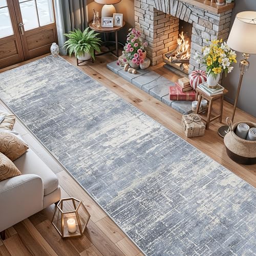 Washable Abstract 14ft Runner Rug (2'6" x 14' (Rectangular) / Blue/Ivory)