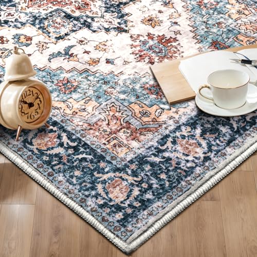 2x6 Washable Non Slip Boho Runner Rug for Hallway (Blue/Orange / 2' x 6' (Runner))