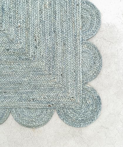 Scallop Jute Area Rug Boho Jute Rug Scalloped Coastal Rug (Jungle Mist / 3'x5' (Rectangular))