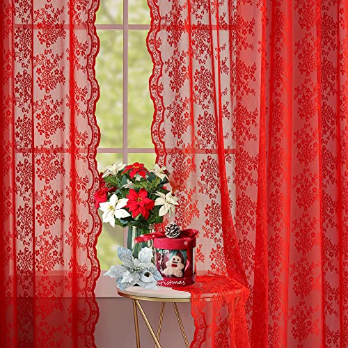 Vintage Lace Curtains 63 Inch Length 2 Panels Set Christmas Red Sheer Curtain Panels for Bedroom Winter Window Treatments for Holiday Living Room Dining Room Bedroom 52W x 63L (Red / 52"W x 63"L (Pack of 2))