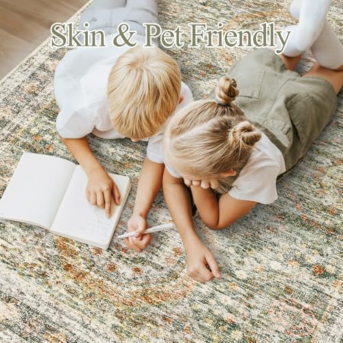 Washable Area Rug 8x10 Large Soft Living Room Rugs Green (Green/Orange / 8' x 10' (Rectangular))