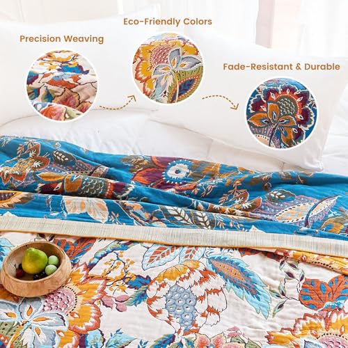 Boho Throw Blanket 90"x108" 100% Cotton Floral Blanket King Bed Decor (Opera Bloom / 108"x90")