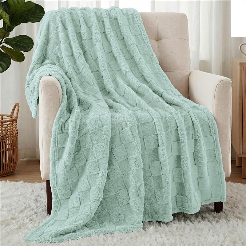 Plush Checkered Fleece Blanket Sage Green Throw (Sage Green / Throw)