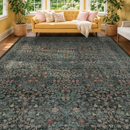 Floral Dark Green Washable Area Rugs 8x10 (Dark Green / Black / 8' x 10' (Rectangular))