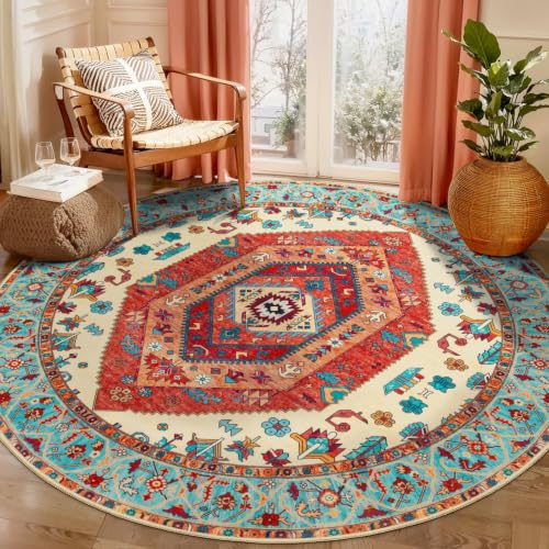 6ft Washable Non Slip Round Boho Area Rug for Bedroom (Orange/Multi / 6' (Round))