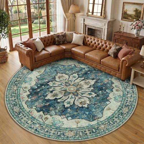 Washable Area Rug (Blue/Vintage Dark Blue / 10' (Round))