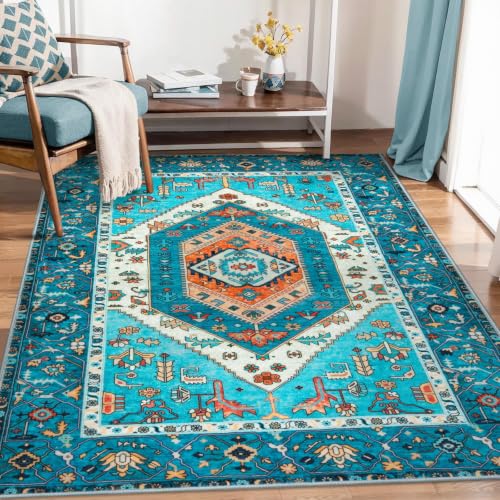 5x7 Washable Non Slip Boho Area Rug for Living Room (Blue/Multi / 5' x 7' (Rectangular))