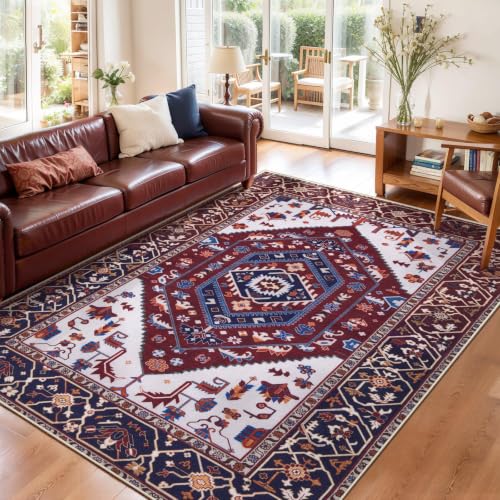 3x5 Washable Non Slip Boho Area Rug for Bedroom (Burgundy Navy/Multi / 3' x 5' (Rectangular))