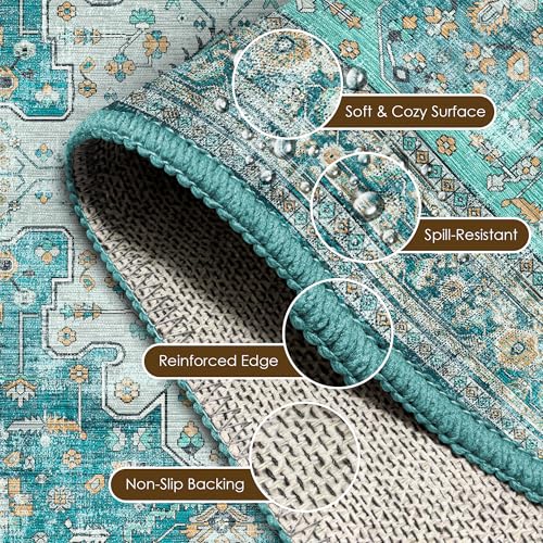 Washable Area Rug 8' x 10' Vintage Traditional Persian Mat (Teal and Gold / 8' x 10' (Rectangular))