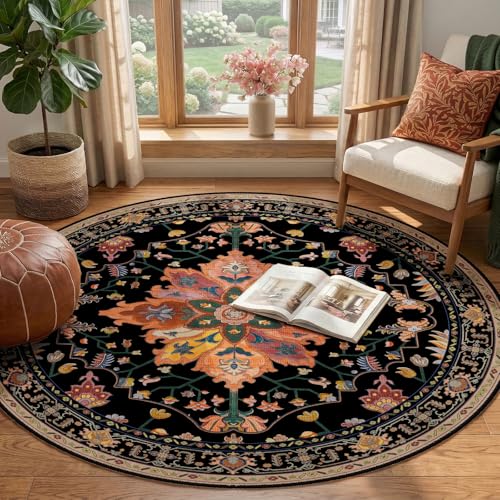 Washable Area Rug (Black/Colorful / 4' (Round))