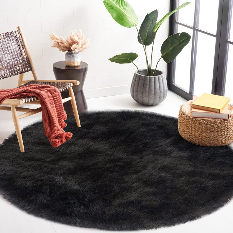 Black Faux Fur Round Rug 6.7ft Shag Sheepskin Rug for Bedroom Fluffy Carpet for Living Room Furry Rugs for Playroom Luxury Home Decor (6'7" (Round) / Black)