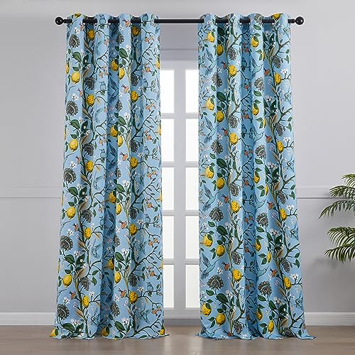 Blue Patterned Curtains 2 Pages 96 Inches Long Blackout Heat Block Farmhouse Watercolor Floral Flower Hummingbird Printed Drapes Grommet Window Treatment for Living Room (Light Blue / 52"W x 96"L (Pack of 2))