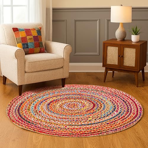 Jute Cotton Braided Woven Rug 4 Feet Round (4' (Round) / Multi Color)