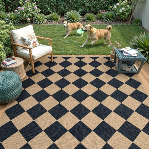 Checkered Easy Jute Outdoor Patio Rug (6' x 9' (Rectangular) / Black/Checkerboard -2)