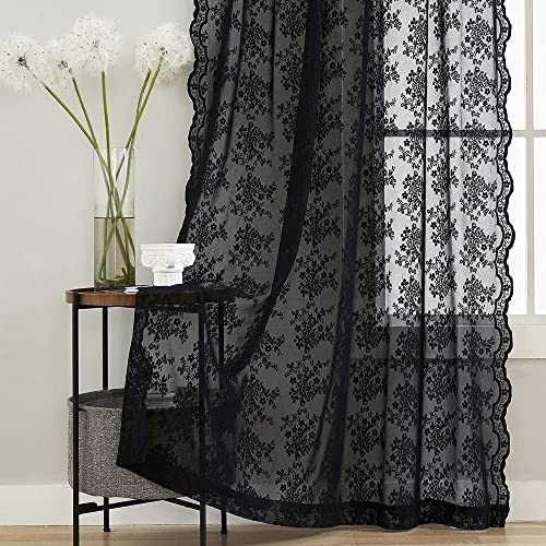 Vintage Lace Curtains 72 inch Length Goth Black Floral Sheer Sidelight Curtains for Front Door Coffin (Black / 52"W x 72"L (Pack of 2))