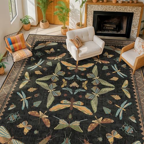 Black Washable Insect Area Rugs 8x10 for Living Room (8' x 10' (Rectangular) / Black / Multi)