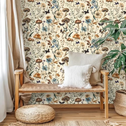Mushroom Wallpaper Peel and Stick Vintage Floral 16.9" x 590.5" (Beige / 16.9" x 590.5")