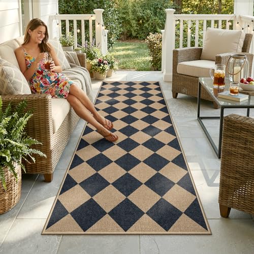 Checkered Easy Jute Non Slip Kitchen Runner (2'6" x 8' (Runner) / Black/Checkerboard -2)