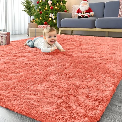 5x7 Machine Washable Large Area Rugs for Living Room (5x7 Ft / Coral Red)