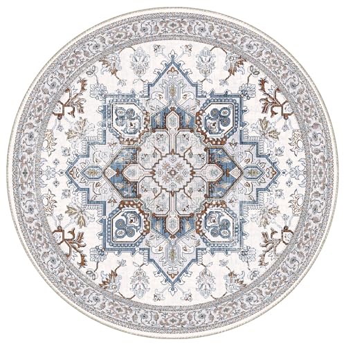 Soft Area Rugs 5' (5' (Round) / Cream White & Blue)