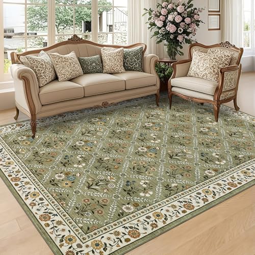 8x10 Washable Large Living Room Rug Water Resistant Distressed Vintage Floral (Green/Spring / 8' x 10' (Rectangular))