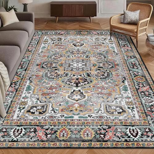 Washable Area Rug 4' x 6' Vintage Traditional Persian Mat (Slate and Multicolor / 4' x 6' (Rectangular))