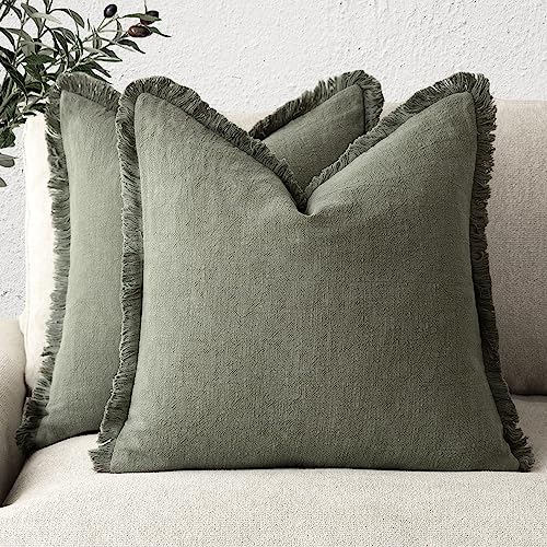 Decorative Linen Fringe Throw Pillow Covers 16×16 Olive Green (16" x 16" (Pack of 2) / Olive Green)