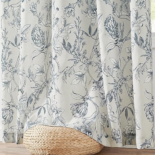 Blue Floral Linen Curtains 96 Inch Vintage Back Tab 2 Panels (Flower Blue on White / 50"W x 96"L (Pack of 2))
