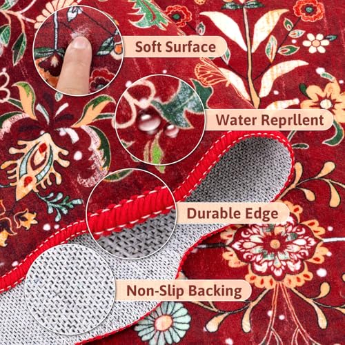 2x8 Christmas Runner Rug Washable Christmas Holiday Carpet Runner (Red Christmas Floral / 2' x 8')