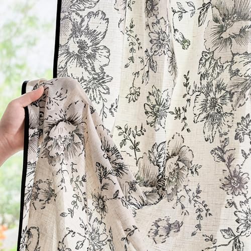 Vintage Floral Linen Curtains 96 Long for Living Room 2 Panels (Black / 50"W x 96"L (Pack of 2))