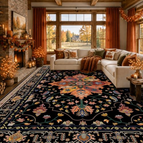 Washable Area Rug (Black/Colorful / 9' x 12' (Rectangular))