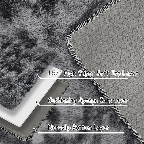Tie Dyed Runner Rug for Bedroom Black Grey 2x6ft Fluffy Area Rug Bedside Runner Rug for Kids Room Boys Teens Nursery Baby Living Room Dorm Home Decor Carpets (Tie-dyed Black Grey / 2' x 6' (Runner))
