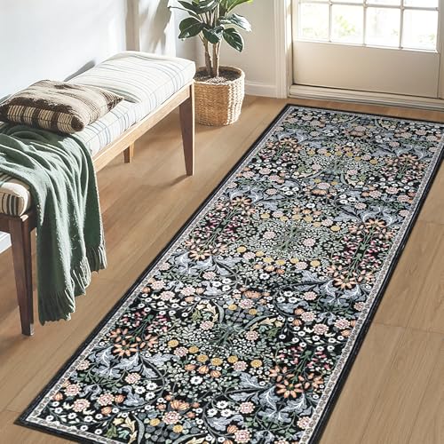 2.6x8 Washable Runner Rug：Floral Indoor Kitchen Carpet Dark Black (Dark Black / 2'6" x 8' (Runner))