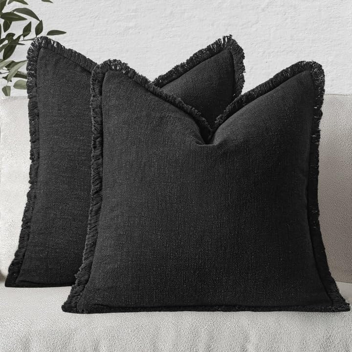 Boho Linen Fringe Decorative Throw Pillow Covers Black 16x16 (16" x 16" (Pack of 2) / Black)