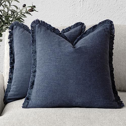 Decorative Linen Fringe Throw Pillow Covers 22×22 Inch (22" x 22" (Pack of 2) / Navy Blue)