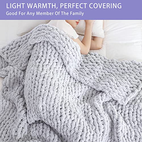 Chunky Knit Throw Blanket for Couch (Light Grey W/ a Little Bit Purple / 51"x63" (Large Size Throw）)