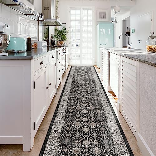 Hallway Washable Runner Rug (2'6" x 14' (Rectangular) / Black/Navy)