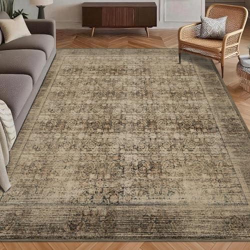 Washable Area Rug 4' x 6' Vintage Traditional Persian Mat (Mocha and Taupe / 4' x 6' (Rectangular))