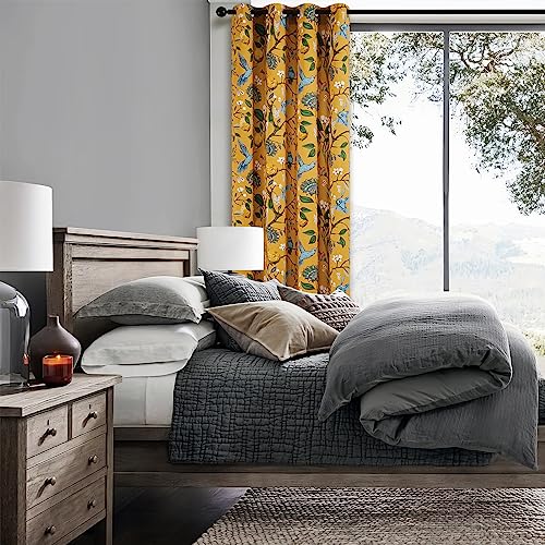 Mustard Yellow Kitchen Tier Curtains 36 Inches Long Dark Yellow Botanical Floral Hummingbird Grommet Room Darkening Half Window Drapes (Mustard Yellow / 52"W x 36"L (Pack of 2))