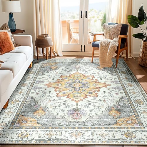 Washable Area Rug (Beige/Carbon Grey/Orange / 6' x 9' (Rectangular))
